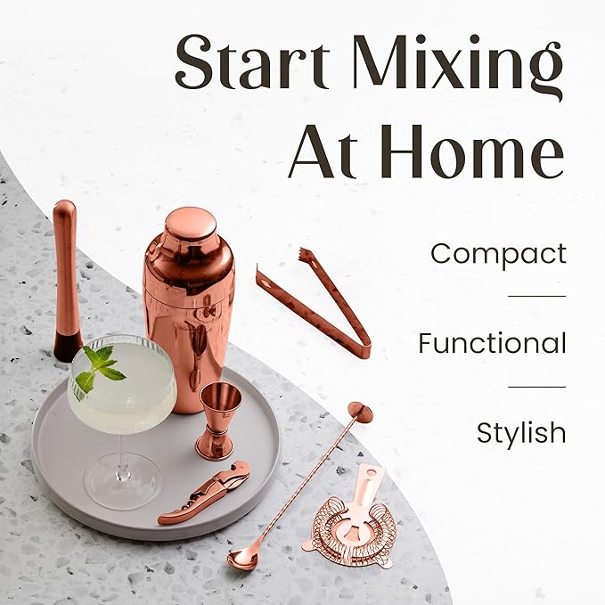 Mixology & Craft Cocktail Shaker Set with Dark Bamboo Stand - Professional 10-Piece Bartender Kit - Complete Bar Set & Cocktail Mixer Kit for Home (Copper)