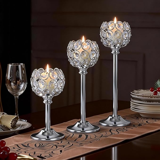 Crystal Metal Tealight Candlestick, Bling Bowl Candelabras, Tall Crystal Candle Holders Elegant Candle Centerpiece for Dining Table Wedding Home Mantel Decor(Silver, 4Sets(12 Pcs))