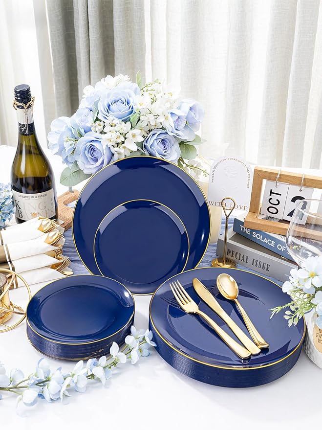 WDF 300PCS Navy Blue Plates Disposable - Blue Plastic Plates 50guest Heavy Duty Plastic Dinnerware Sets for Party/Wedding/Birthday