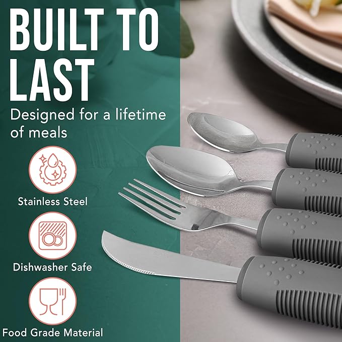 BUNMO Adaptive Utensils for Elderly, Tremors & Weak Hand Grips – 4pc Lightweight Assistive Silverware Set with Foam Easy Grip Handles – Discreet Canvas Travel Wrap – Dishwasher Safe