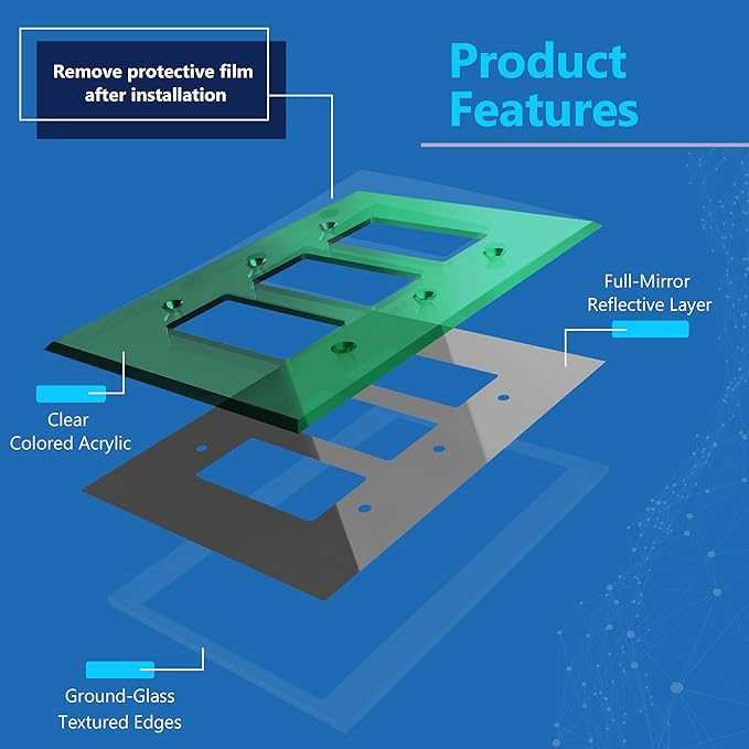 LIDER Reflective Acrylic Decorator Wall Plate, Mirrored Light Switch Plate, Plexiglass Outlet Cover, Acrylic Glass, Oversized 3-Gang 5.25" x 7.06", LWP-33O-AGR5P, Green, 5 Pack
