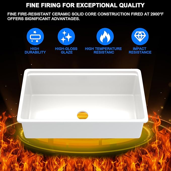 33 White Glossy Kitchen Sink 33''x19'' Undermount Fireclay Sink Single Bowl Porcelain Sinks Ceramic Deep Bowl Farmer Basin with Bottom Grid & Strainer Easy To Clean and Noise Reduction