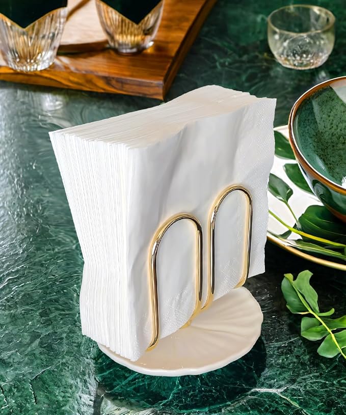 VROOMIUM Napkin Holder for Table, Ceramic Base Effortless Cleaning, 1 lb Weight, Gold Napkin Holders for Paper Napkins, Servilleteros para Mesas