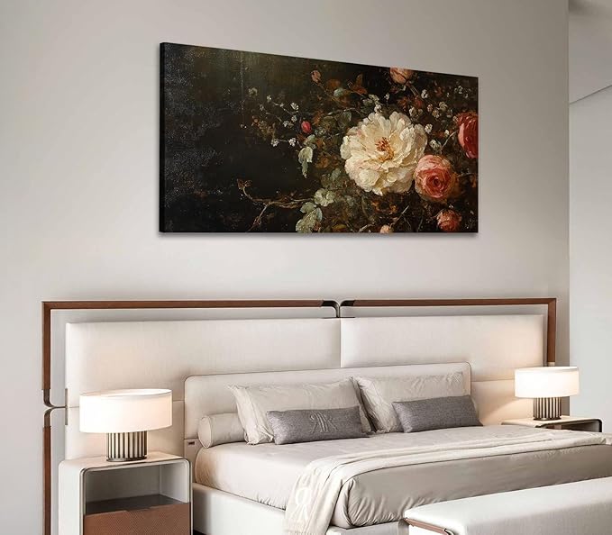 ADJUVANT Wall Art Vintage Peony And Rose Bouquet 48"L x 24"W, White Peony With Pink Roses Canvas Painting Elegant Floral Artwork Prints Botanic Wall Decor for Living Room Bedroom Dining Room Home Office