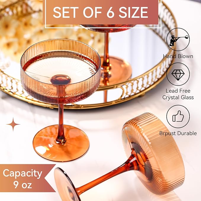 9 oz Dark amber Vintage Art Deco Coupe Glasses Set of 6 Brown Ribbed martini Glasses |Vintage Cocktail Glasses Set,Unique Colored Coupe Glass