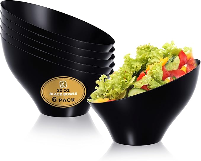 R-kay 6 Pack Angled Candy Bowls - Black Plastic bowls 20 Oz - Premium Plastic Serving Bowls Heavy Duty For Weddings Catering, parties, And All Occasions (Black, Medium)