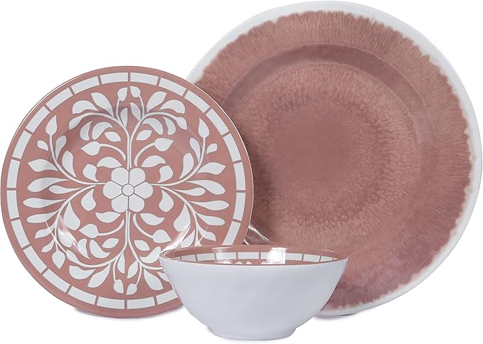 Melamine Dinnerware Sets - 12 Pcs Plates and Bowls Set,Unbreakable Dinner Dishes Set for 4,Lightweight, Dishwasher Safe, BPA Free,Indoor Outdoor use, Pink