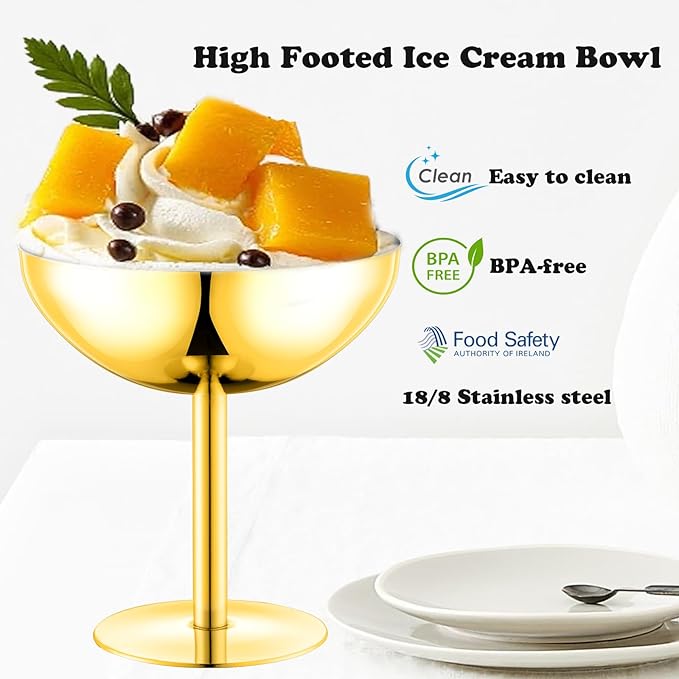 Ice Cream Bowls Stainless Steel Dessert Cups with Spoons Reusable Footed Sundae Cups Ice Cream Cups for Dessert, Frozen Yogurt, Gelato, Birthday Party Decorations (1, Glod)