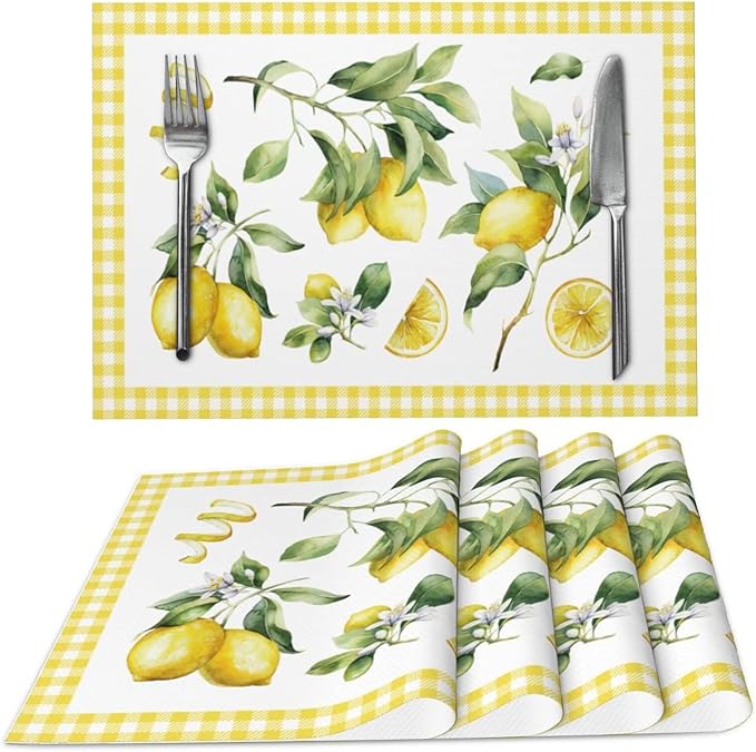 Lemon Placemats Set of 4 Washable Table Place Mats for Dining Kitchen Party Decor