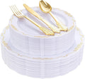 DaYammi 150Pcs White Gold Plastic Plates & Plastic Silverware, Gold Disposable Plates for Party Include 30 Dinner Plate, 30 Dessert Plate, 30 Knives, 30 Forks, 30 Spoons for Party Wedding