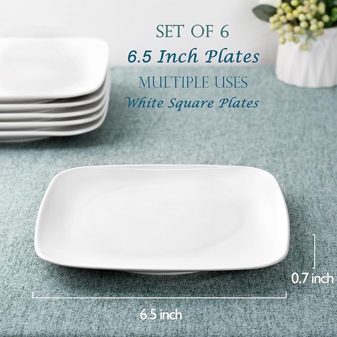 DELLING Appetizer Plates - 6.5 in Ceramic Small Plates for Dessert -Square Serving Plates - White Kitchen Dinnerware Dishes Set for Snacks, Appetizer, Side Dishes- Serving Platter Set of 6