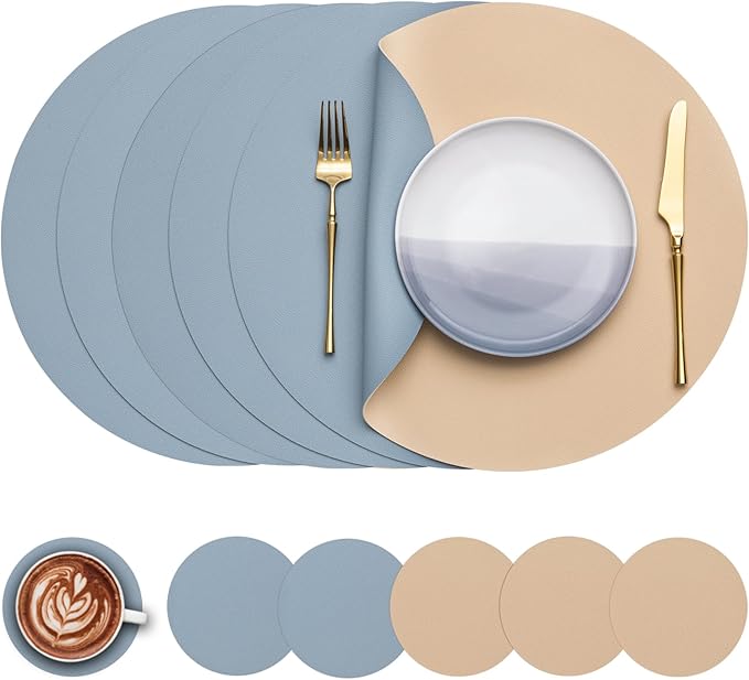Myir JUN Round Placemats Set of 6 Faux Leather Place Mats and Coasters 15 inch Round Table Mats Dual Sided Non-Slip Stain Resistant Placemats (Camel Yellow & Blue, Set of 6)