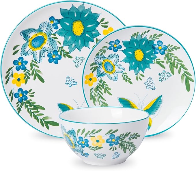 HomePop Ceramic 12-Pieces Dinnerware Sets,Dish Plates and Bowls Sets - Blue Turquoise