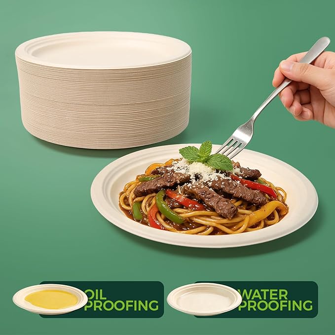 100% Compostable Plates - Disposable, Heavy Duty, Biodegradable, Eco-Friendly (Natural, 9 inch, 125-Count)