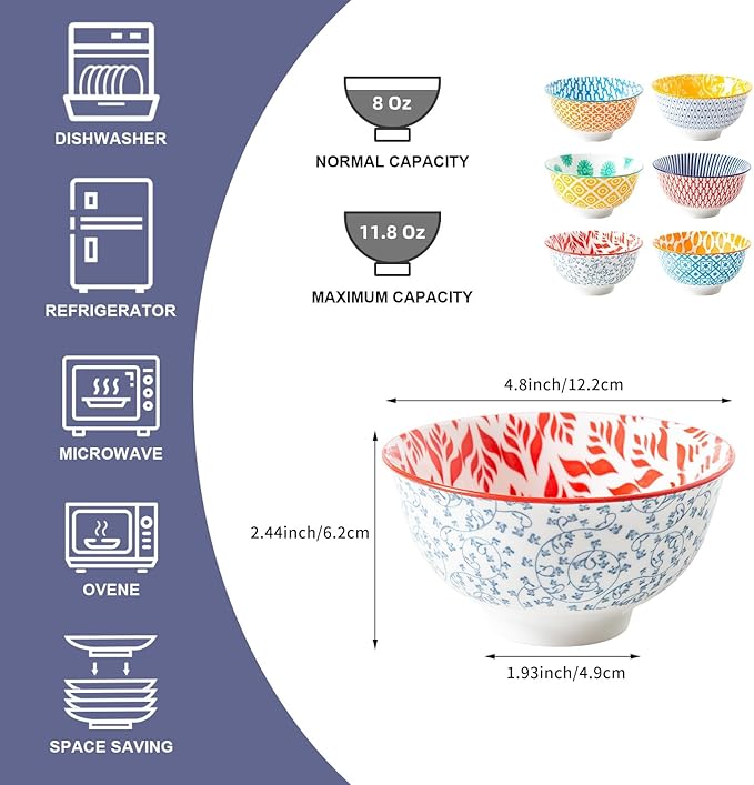 Ceramic Dessert Bowls Set - Small 12 Oz Cereal Bowls - 4.75 Inch Ice Cream Bowls for Fruit, Snack, Side Dishes, Dipping Sauce - Microwave Dishwasher Safe - Set of 6 - Assorted Colors