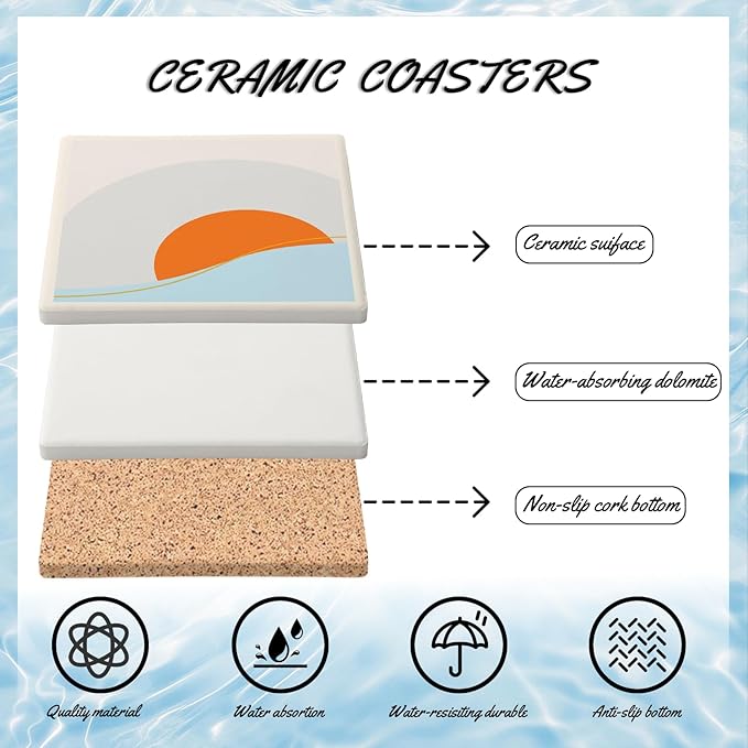 MAYCARI Abstract Sun Coasters Set of 6 Cork Backed Artistic Coasters with Metal Holder Minimalist Aesthetic Ceramic Surface Drink Cup Mats for Tabletop Protection Modern Desk Decoration Birthday Gifts