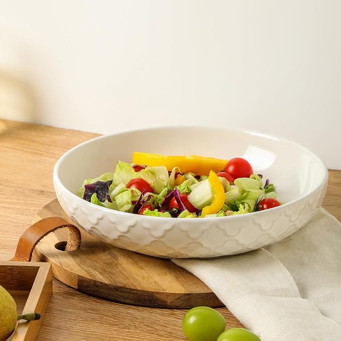 Sureasy 9.7" Pasta Bowls Set of 4-42 oz Large Salad Bowls for Kitchen, Embossed Ceramic Serving Bowls for Fruits, Soup, Pasta and Salad, Microwave & Dishwasher Safe, White