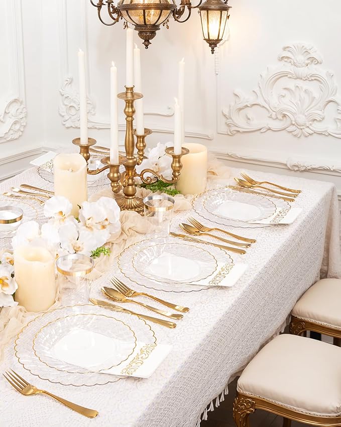 YOUBET 175PCS Gold Scalloped Plastic Plates - Clear and Gold Disposable Dinnerware Set Include 50 Plates, 75 Gold Silverware, 25 Cups, 25 Napkins for Party & Wedding