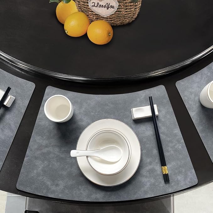 Leather Round Table Washable Placemats, Thick Faux Leather Heat Resistant Wedge Table Placemat, Waterproof Non-Slip Easy to Clean Place mat for Kitchen Coffee Dining Room Table Set of 6