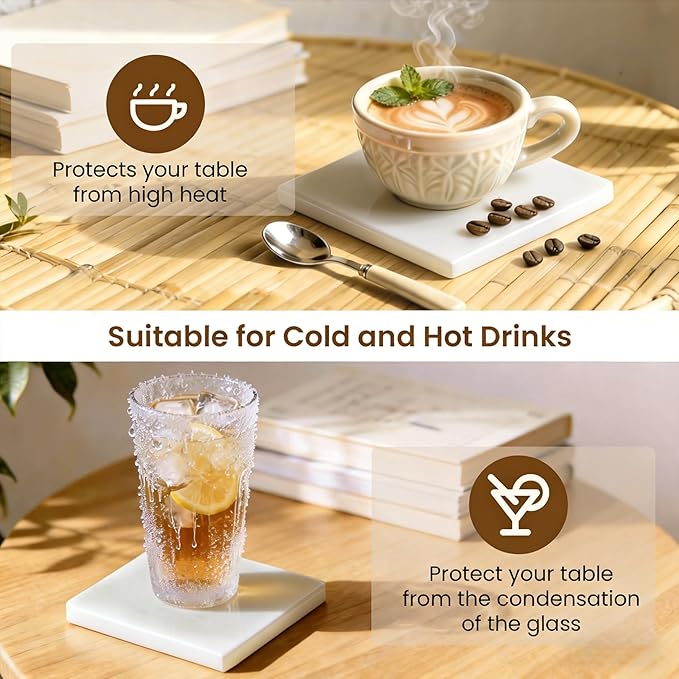Natural Marble Coasters, Square Costers, Luxury Aesthetic Modern Decor for Coffee Table Bar Kitchen Home, White Marble, Real Natural Semi Absorbent Stone Coasters