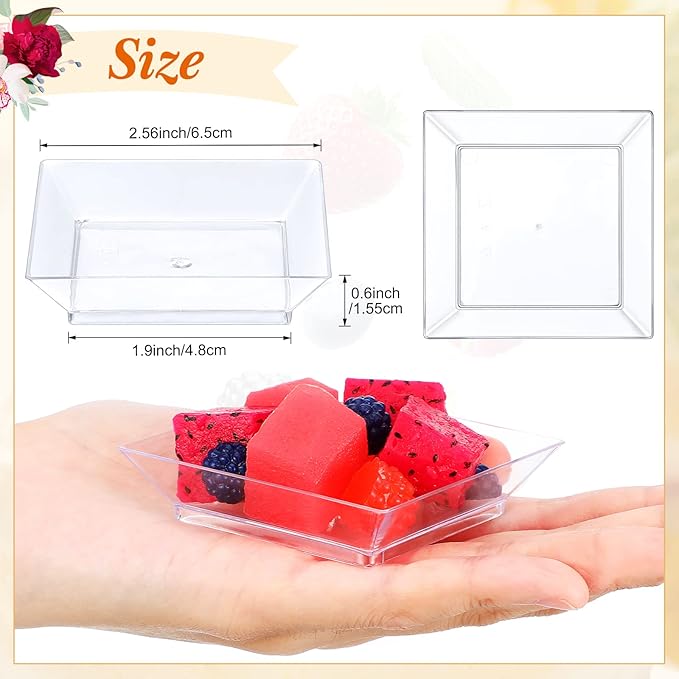 200 Pieces Mini Square Dessert Plates 2.5 x 2.5 Inch Disposable Appetizer Plates Small Clear Plastic Dish for Dessert Salad Appetizer Sauces Tastings Cake Wedding Party Serving (Clear)