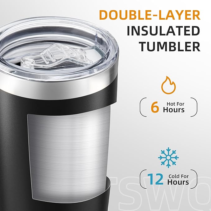 20 oz Tumbler Bulk with Lid Stainless Steel Insulated Tumblers Double Wall Vacuum Coffee Mug Powder Coated Tumbler Cups for Cold and Hot Drinks, Black, 12 pack
