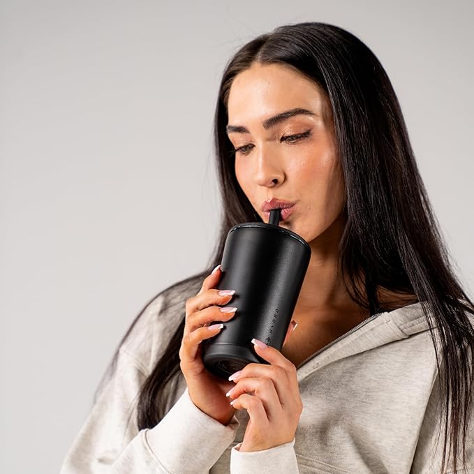 HydroJug Everyday Tumbler 14 oz – Ceramic-Lined Insulated Tumbler with Straw and Soft-Touch Lid, Cup Holder Friendly, Double-Wall Vacuum Insulation, Reusable Travel Cup – Black