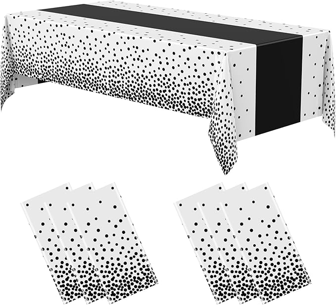 Oudain 3 Pcs White and Black Tablecloth for Parties Plastic Dot Tablecloths Printed Table Runner Waterproof Disposable Rectangle Table Cover for Christmas Birthday Wedding Party, 54" x 108"