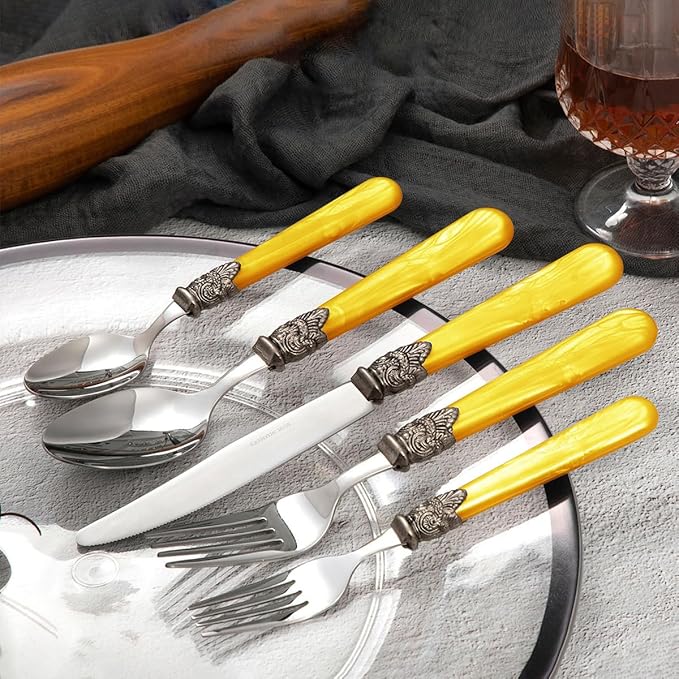 20 pieces 18/10 Stainless Steel Silverware Sets With Yellow Handle,Vintage Cutlery Sets,Sliverware set Service for 4,Dishware Safe (20, Yellow)