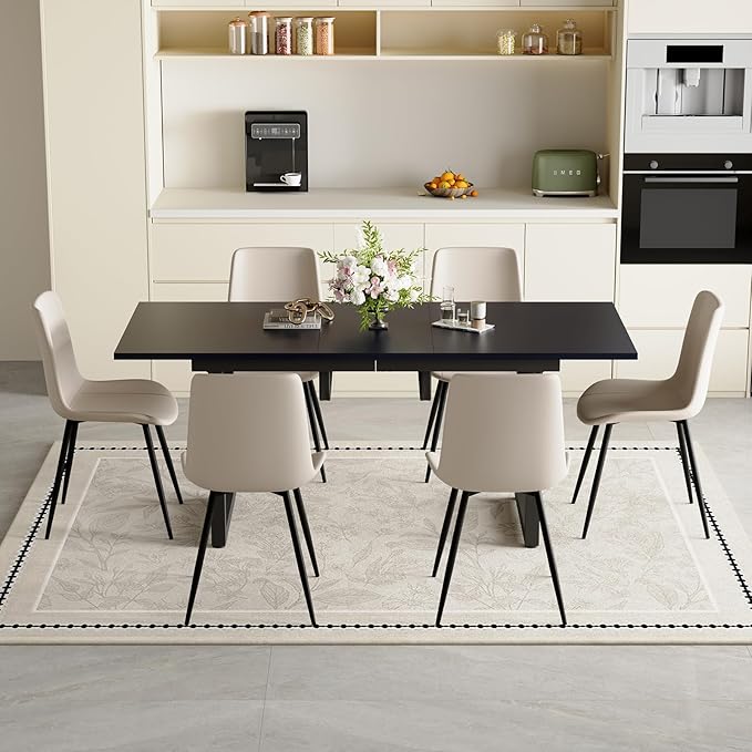 Extendable Dining Table Set for 6, 55"–71" Modern Black Kitchen Table with 6 Upholstered Chairs, Space-Saving for Living Room Apartment, Sturdy & Comfortable, Easy Assembly