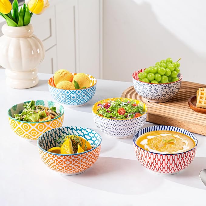 Ceramic Dessert Bowls Set - Small 11 Oz Porcelain Ice Cream Bowls for kitchen - 4.7 Inch Cereal Bowls for Salad, Fruits, Ramen - Microwave Dishwasher Safe - Set of 6 - Assorted Colors