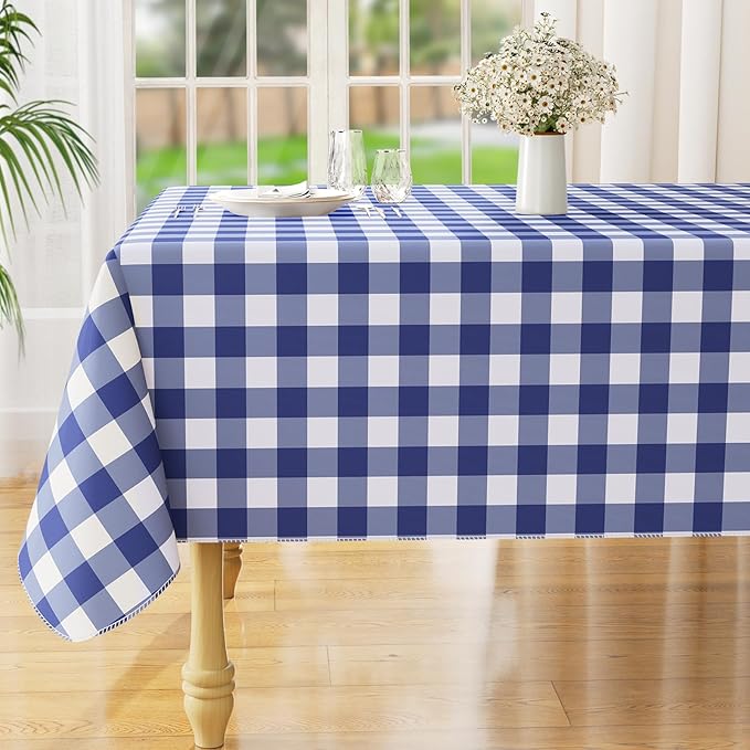 misaya Square Waterproof Vinyl Table Cloth, Buffalo Flannel Backed Tablecloth, Wipeable Plastic Table Cover for Dinner, Kitchen, Outdoor (60" X 60", White and Navy)