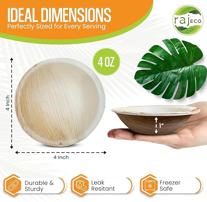 Raj Disposable Palm Leaf Bowls (100 Count, 4" Bowls) Strong Bowl Like Bamboo Party Bowl - Decorative Compostable Tableware for Lunch, Dinner, Birthday, Camping, Outdoor, Picnic, Parties