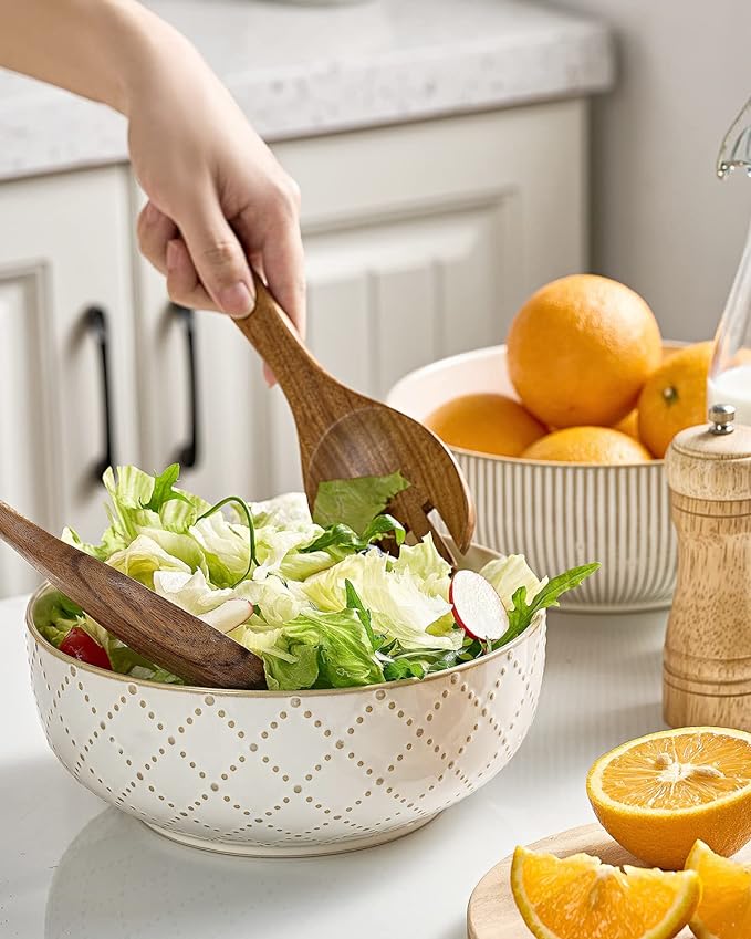 getstar Large Serving Bowls (8 inch & 60 fl oz), Ceramic Salad Bowl Set of 2, Microwave and Dishwasher Safe, Farmhouse Kitchen Decorative Bowls Set (Embossed Checks & Stars)