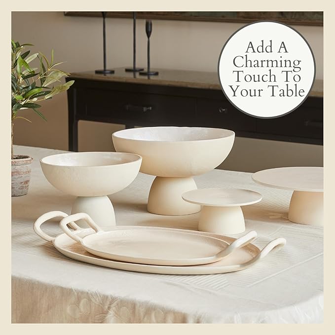 CG Hunter Medium Crème Footed Bowl, Elegant Aluminum Serving Dish, Perfect for Home Decor, Dining Table Centerpiece, Fruit Display, Salad Serving, and Decorative Kitchen Accents