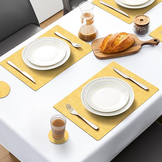 MOSAYT Faux Leather Placemats Set of 6, Heat Resistant Wipeable Washable Vinyl Place Mats with Coasters, Waterproof Oil Proof Table Mats for Kitchen Dining Party Indoor Outdoor, 12" x 17", Yellow