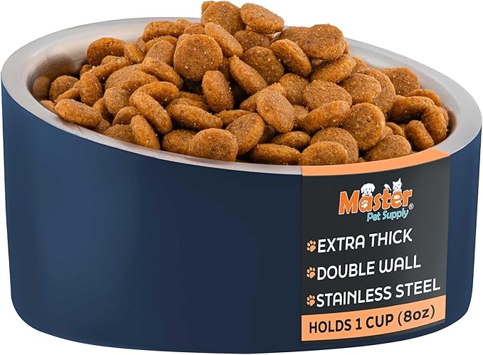 Master Pet Supply Stainless Steel Slanted Dog Cat Food Bowl - 8 oz Heavy Duty - Navy Blue, Double Wall Insulated, Non-Slip Elevated Bowl for French Bulldogs Pugs Cats, Anti Rust Dishwasher Safe