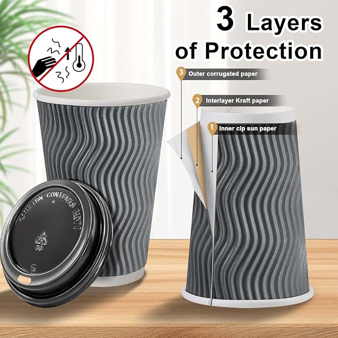 100 Pack 16 oz Disposable Coffee Cups with Lids, Insulated Ripple Wall To-Go Paper Coffee Cups Suitable for Chocolate Cocoa and Hot/Cold Drinks (Grey)