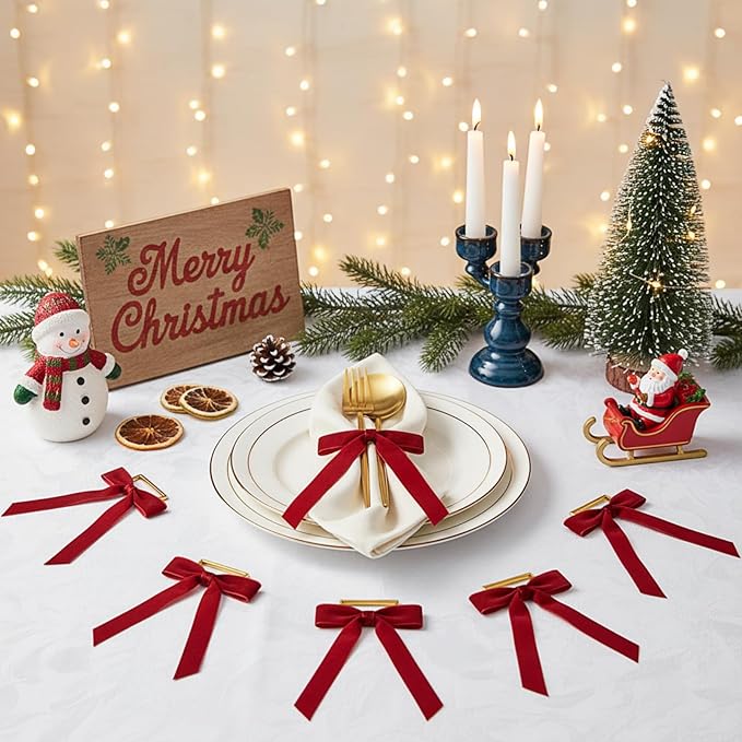 Riceshoot Velvet Bow Napkin Rings Bows with Gold Semicircle Metal Napkin Ring Velvet Bow Holder for Wine Bottles Table Settings Candlestick Wedding Valentine's Day Dinner(Claret Red,12 Pcs)