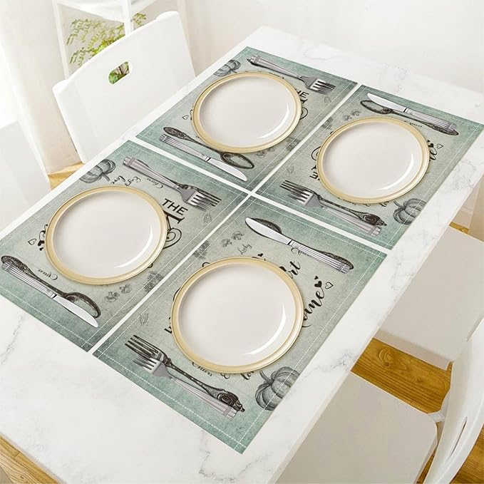 Retro Farmhouse Placemat Set, Minimal Green Gradient Rustic Plank Art Sketch Cutlery Knife Fork Inspirational Quotes Pattern Home Decor Linen Table Mats for Dining Room Kitchen Party (17x12in) x2P