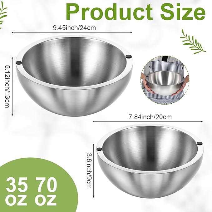 Dip Bowl,Large Heat Insulated Stainless Steel Bowls Ideal for Guacamole Salsa,Double Walled Insulated Cold or Hot Serving Bowl for Parties outdoor(2,70 oz+35 oz)