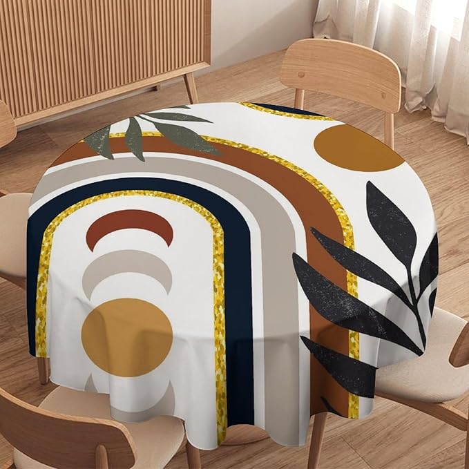 Mid Century Boho Round Tablecloth, Modern Abstract Sun Moon Bohemian Leaves Tablecloth for Home Party Dining Room Kitchen Decor 60Inch(152cm)
