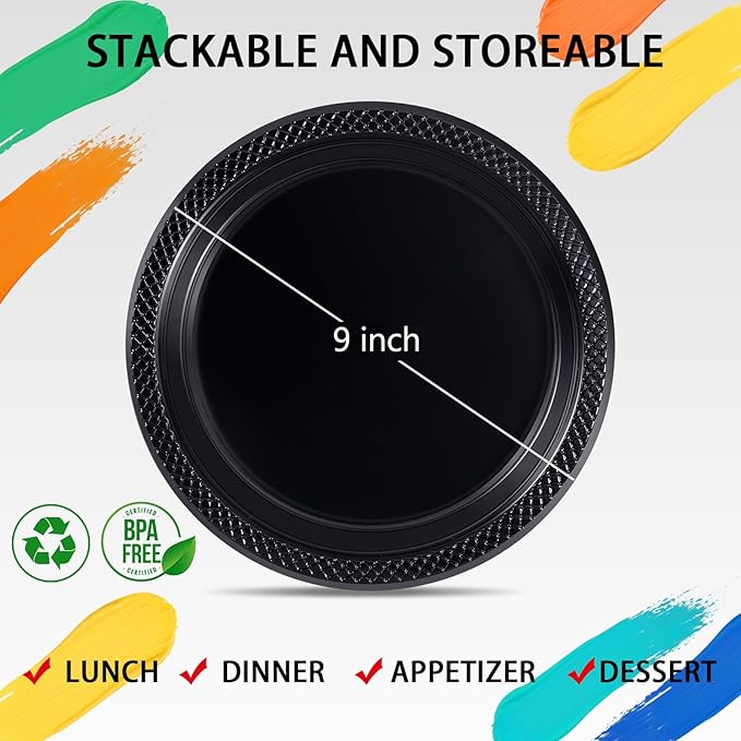 WELLIFE Black Plastic Plates 9 Inch -150 Count for Party, Plastic Disposable Dinner Plates for Halloween Picnic BBQ
