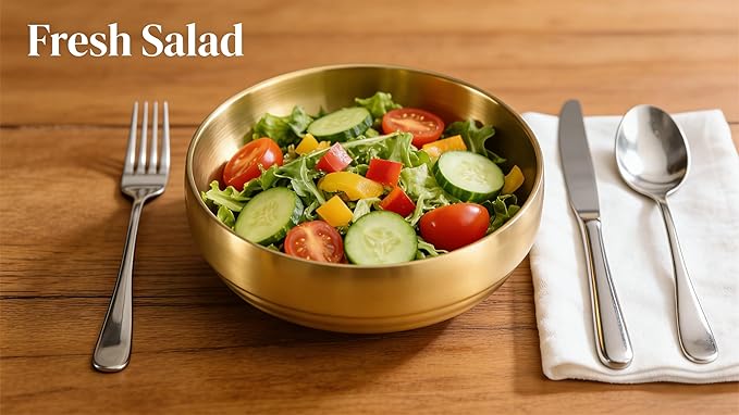 Gold Soup Bowls, 7.3 Inch 35OZ Large Stainless Steel | Double-Walled Unbreakable Serving Bowls for Soup, Rice & Salad, Heat Retention Dish for Noodles and Sashimi at Home or Restaurant