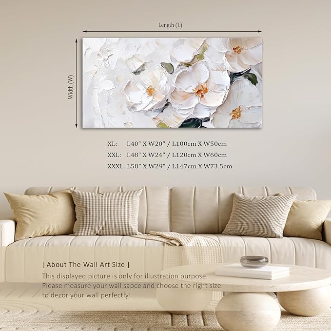 ADJUVANT Wall Art Impressionist Minimalist White Floral 60"L x 30"W, White Flowers With Subtle Tones Canvas Painting Delicate Petals Artwork Floral Wall Decor for Living Room Bedroom Bathroom Home Office