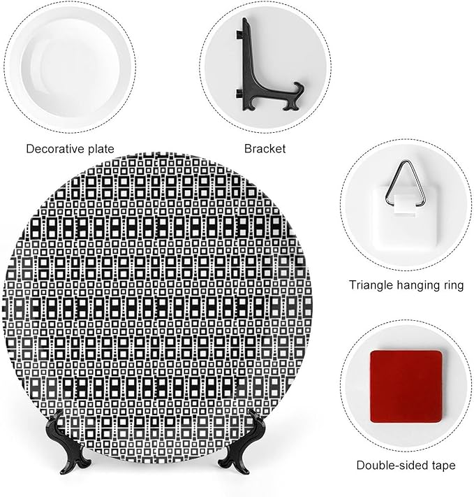 Ceramic Display Plate, Abstract Ceramic Hanging Decorative Plate, Monochrome Squares of Motif Grid Design Geometric, 6 Inch, Household Custom Ceramic Plate, Black White