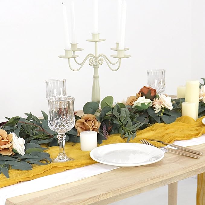 FUHSY 5 Pack 10FT Cheese Clothes Table Runners for Weddings Gold Cheesecloth Gauze Linen 35x120 Inch Romantic Rustic Dining Table Runner for Indoor Outdoor Table Centerpieces Party Table Cloth Runner