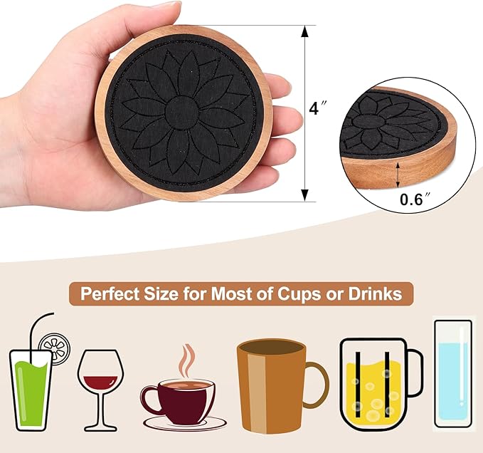 5 Pcs Best Wooden Coasters Non-Slip, Non-Stick, 4 Inches Black - Gtencemen Acacia Wood Coaster Set Absorbent Coasters for Drinks, Coffee Bar, Kinds of Cups, Rustic Farmhouse, Dining Room Table Decor