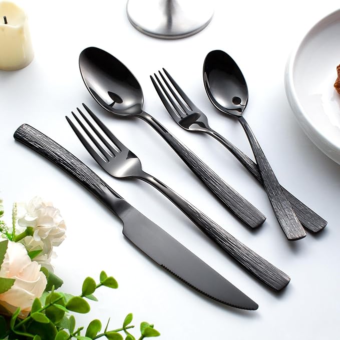 20-Piece Black Silverware Set for 4, CITESANA Heavy Duty Stainless Steel Flatware Set with Ripple Handles, Mirror Polished Kitchen Cutlery Set