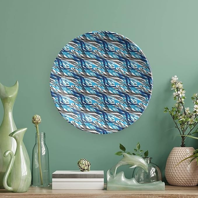 Ceramic Plates, Abstract Decorative Ceramic Plates, Modern Art Stripes Swirls Waves Trippy, 10 Inch, Household Plates Decorative, Grey Blue White